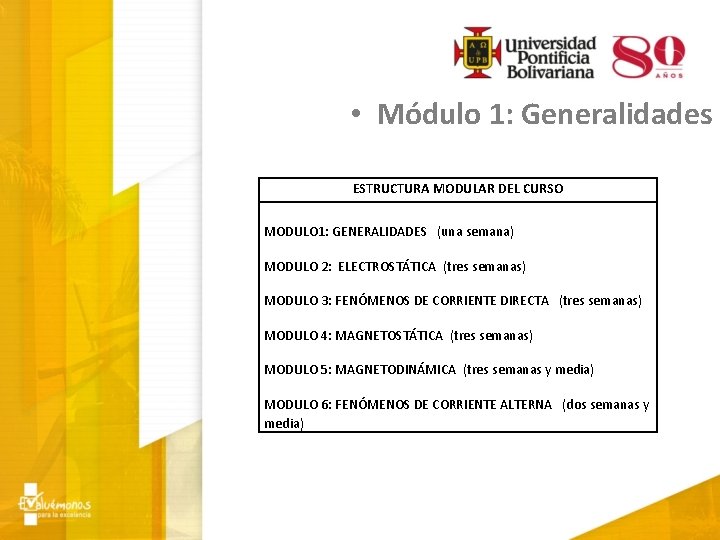  • Módulo 1: Generalidades ESTRUCTURA MODULAR DEL CURSO MODULO 1: GENERALIDADES (una semana)