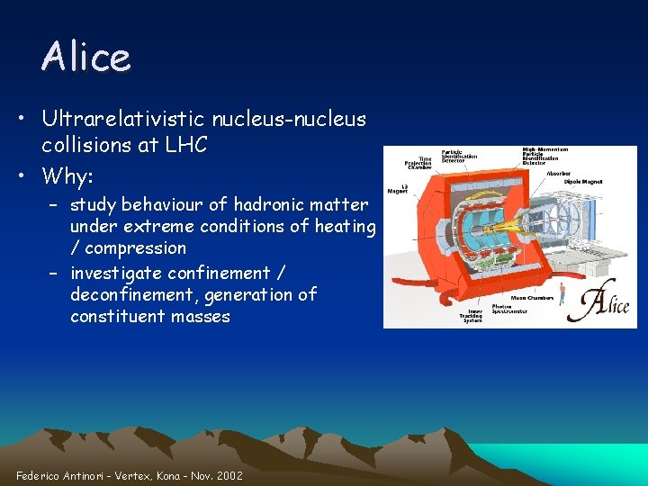 Alice • Ultrarelativistic nucleus-nucleus collisions at LHC • Why: – study behaviour of hadronic