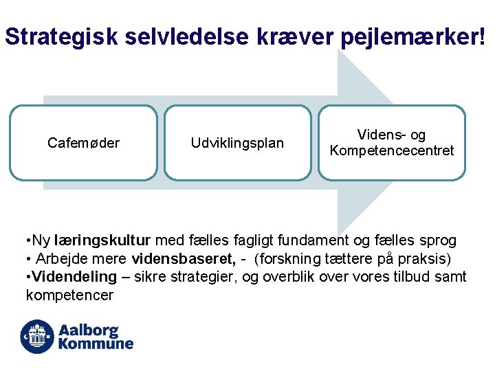 Strategisk selvledelse kræver pejlemærker! Cafemøder Udviklingsplan Videns- og Kompetencecentret • Ny læringskultur med fælles