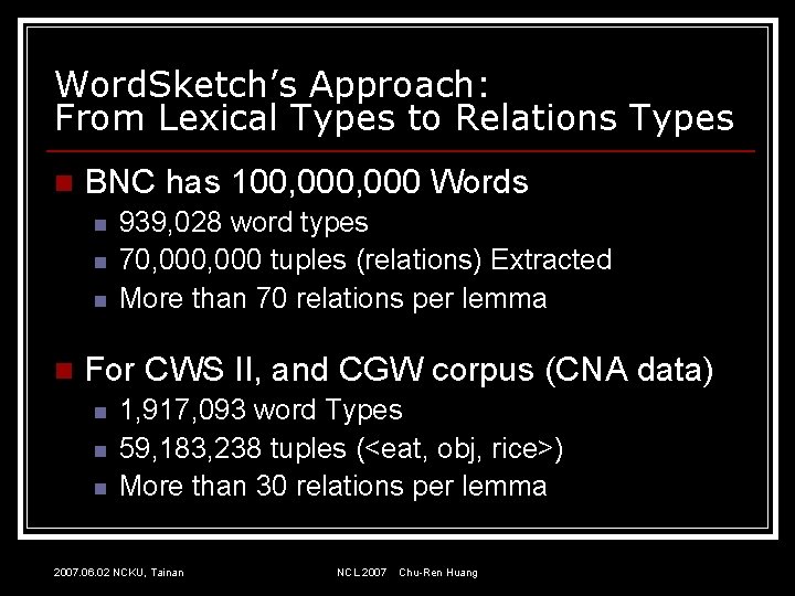 Word. Sketch’s Approach: From Lexical Types to Relations Types n BNC has 100, 000