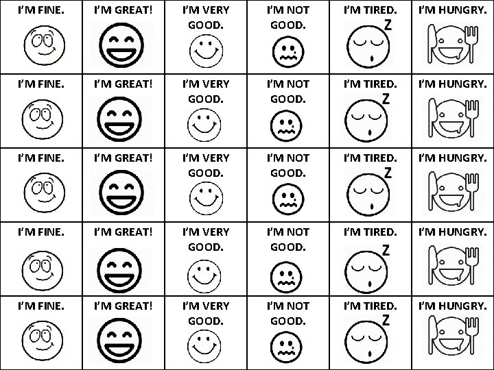 I’M FINE. I’M GREAT! I’M VERY GOOD. I’M NOT GOOD. I’M TIRED. I’M HUNGRY.