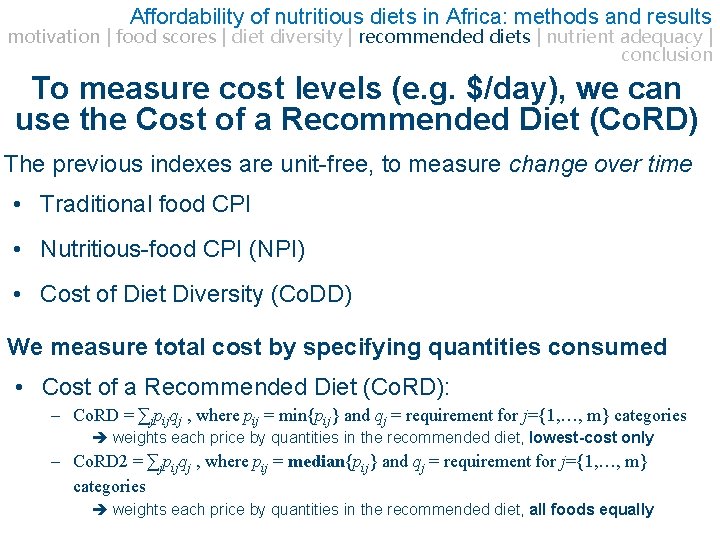 Affordability of nutritious diets in Africa: methods and results motivation | food scores |