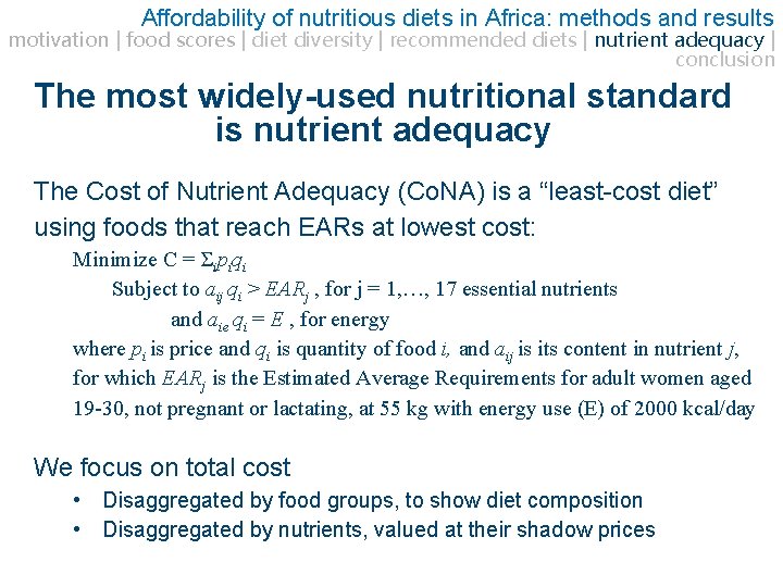 Affordability of nutritious diets in Africa: methods and results motivation | food scores |