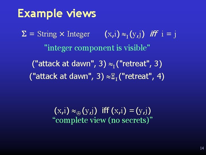 Example views S = String × Integer (x, i) I (y, j) iff i