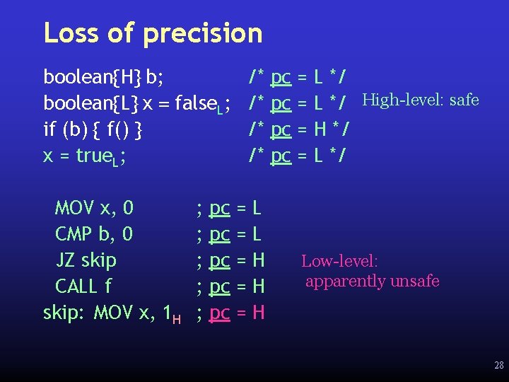 Loss of precision boolean{H} b; boolean{L} x = false. L; if (b) { f()