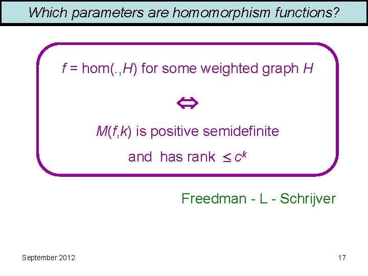 Which parameters are homomorphism functions? f = hom(. , H) for some weighted graph