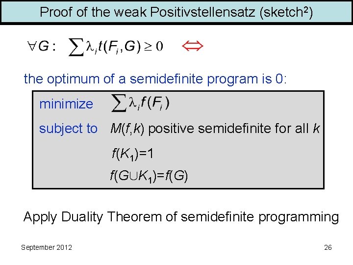 Proof of the weak Positivstellensatz (sketch 2) the optimum of a semidefinite program is