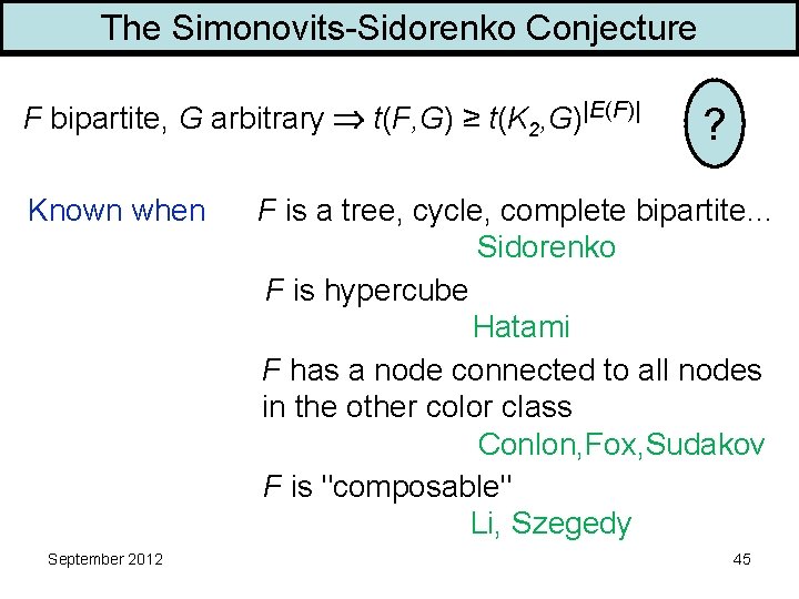 The Simonovits-Sidorenko Conjecture F bipartite, G arbitrary t(F, G) ≥ t(K 2, G)|E(F)| Known