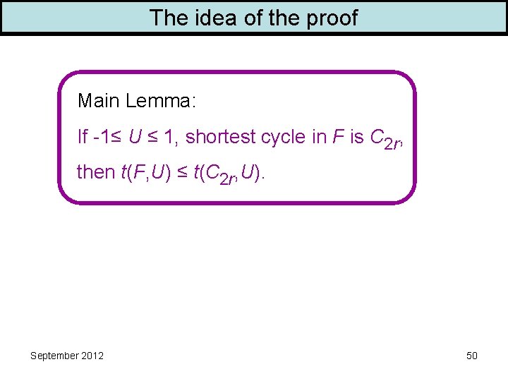 The idea of the proof Main Lemma: If -1≤ U ≤ 1, shortest cycle