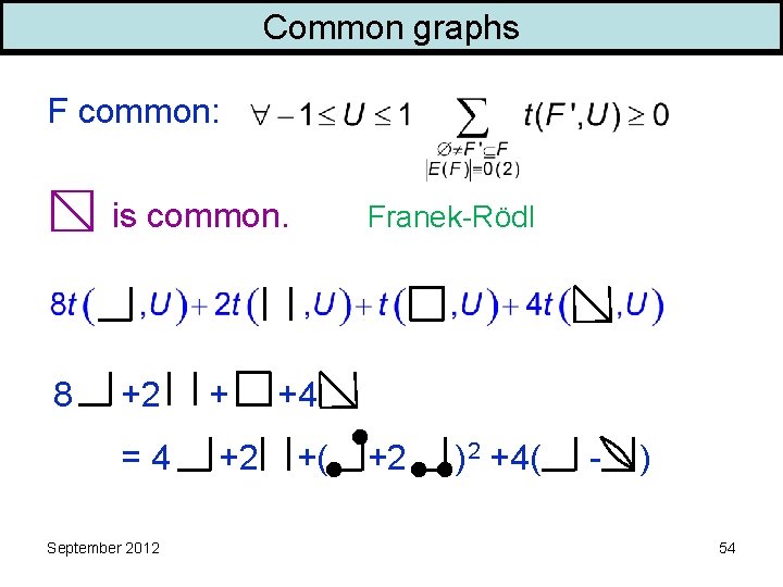 Common graphs F common: is common. 8 +2 + =4 +2 September 2012 Franek-Rödl