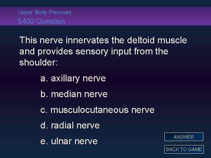 Upper Body Plexuses: $400 Question This nerve innervates the deltoid muscle and provides sensory