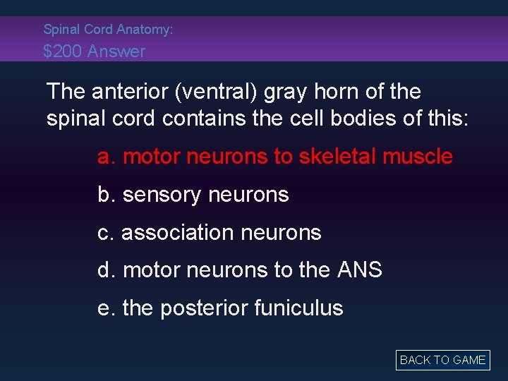 Spinal Cord Anatomy: $200 Answer The anterior (ventral) gray horn of the spinal cord