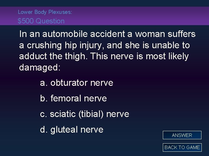 Lower Body Plexuses: $500 Question In an automobile accident a woman suffers a crushing