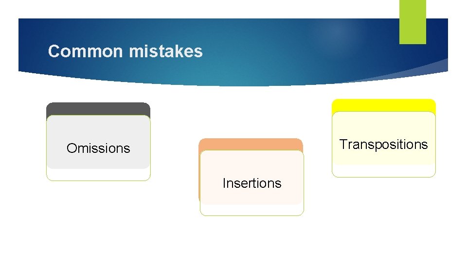Common mistakes Transpositions Omissions Insertions 