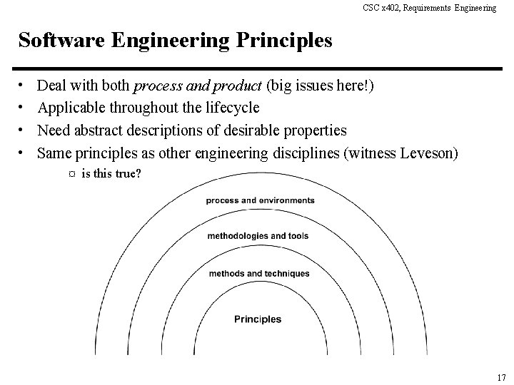 CSC x 402, Requirements Engineering Software Engineering Principles • • Deal with both process