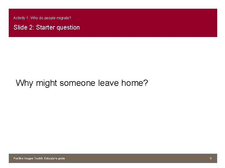 Activity 1: Why do people migrate? Slide 2: Starter question Why might someone leave