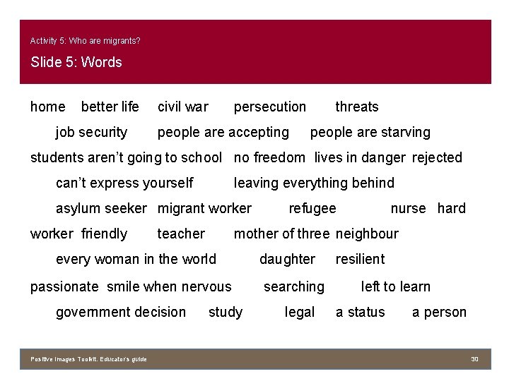 Activity 5: Who are migrants? Slide 5: Words home better life job security civil