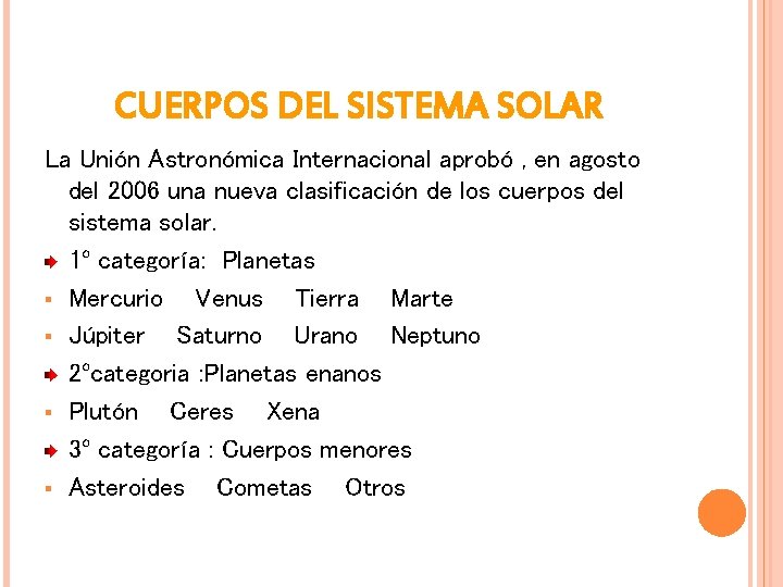 CUERPOS DEL SISTEMA SOLAR La Unión Astronómica Internacional aprobó , en agosto del 2006