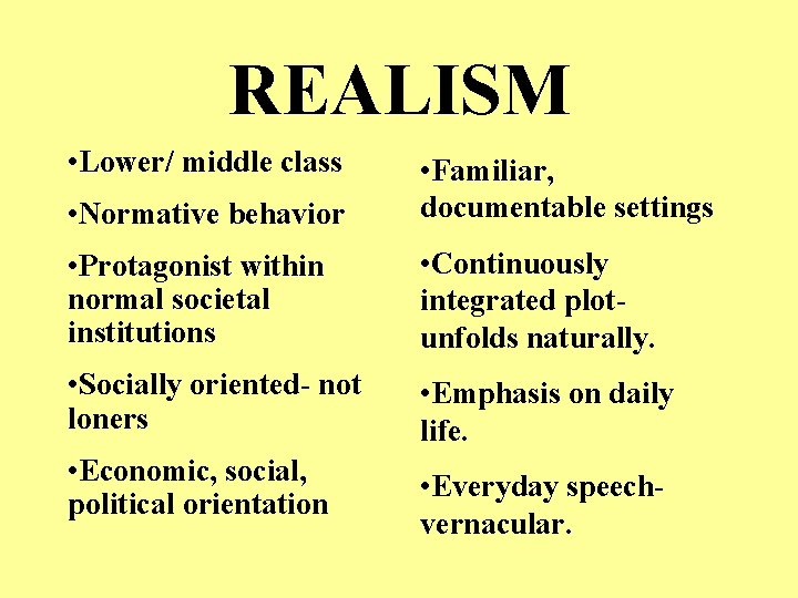 REALISM • Lower/ middle class • Normative behavior • Familiar, documentable settings • Protagonist
