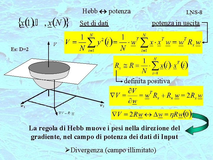 Hebb potenza Set di dati Es: D=2 LNS-8 potenza in uscita V definita positiva