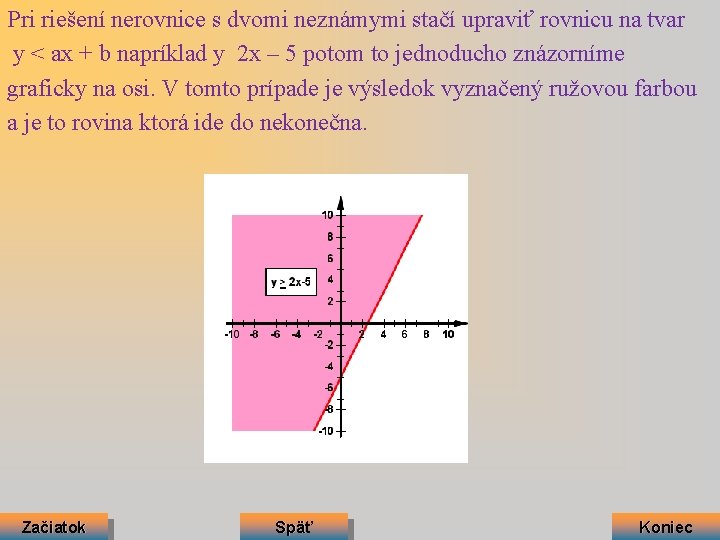 Pri riešení nerovnice s dvomi neznámymi stačí upraviť rovnicu na tvar y < ax