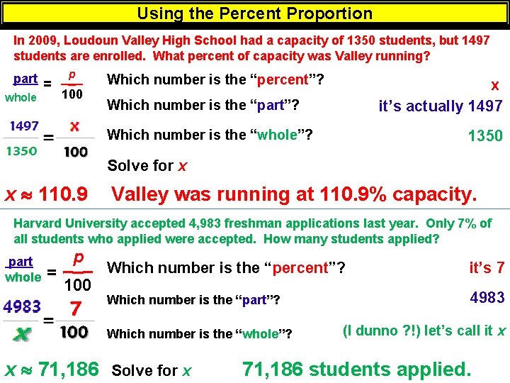 Using the Percent Proportion In 2009, Loudoun Valley High School had a capacity of