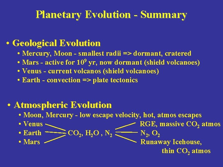 Planetary Evolution - Summary • Geological Evolution • Mercury, Moon - smallest radii =>