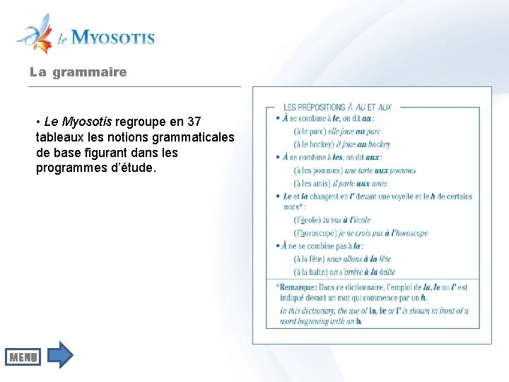 La grammaire • Le Myosotis regroupe en 37 tableaux les notions grammaticales de base