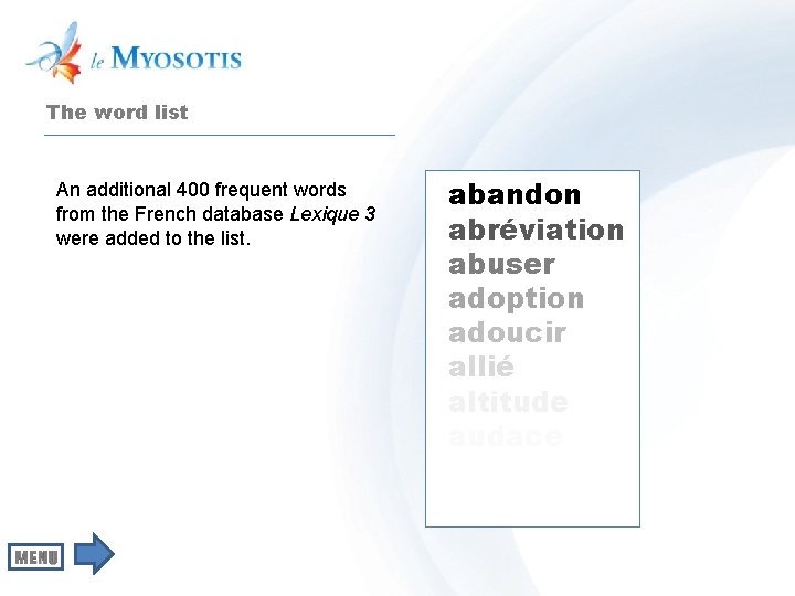 The word list An additional 400 frequent words from the French database Lexique 3