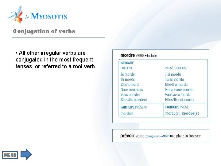 Conjugation of verbs • All other irregular verbs are conjugated in the most frequent