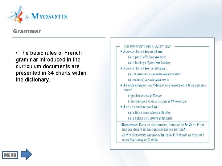Grammar • The basic rules of French grammar introduced in the curriculum documents are