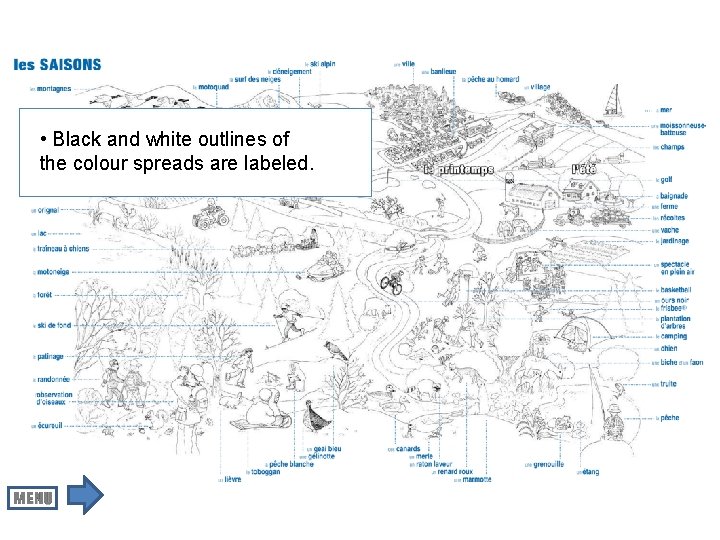  • Black and white outlines of the colour spreads are labeled. 