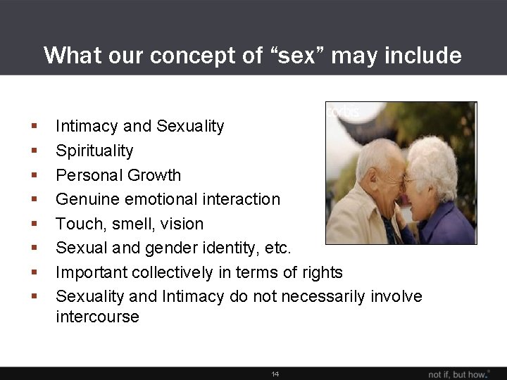 What our concept of “sex” may include § § § § Intimacy and Sexuality