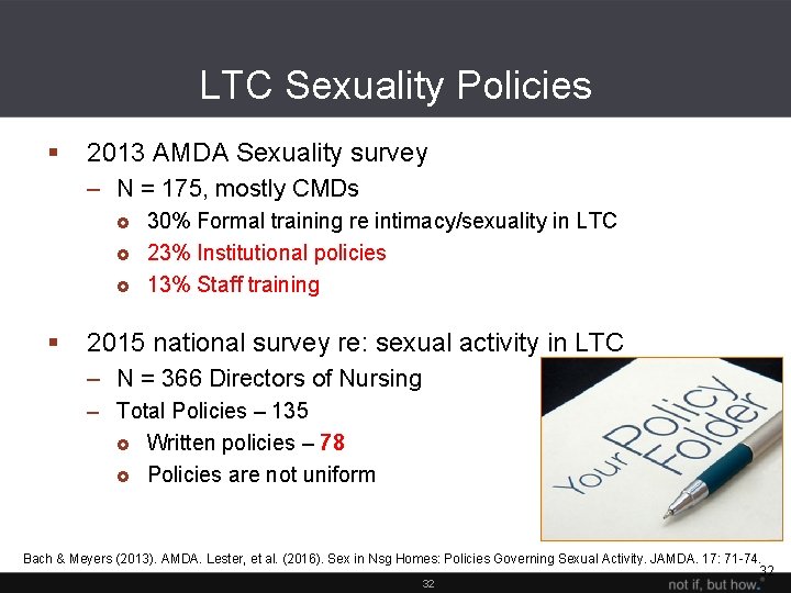 LTC Sexuality Policies § 2013 AMDA Sexuality survey – N = 175, mostly CMDs