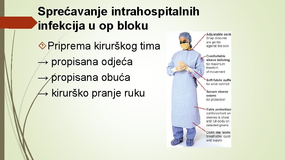 Sprećavanje intrahospitalnih infekcija u op bloku Priprema kirurškog tima → propisana odjeća → propisana