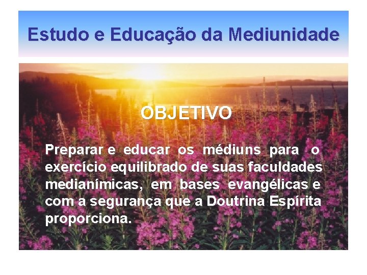 Estudo e Educação da Mediunidade OBJETIVO Preparar e educar os médiuns para o exercício Estudo e Educação da Mediunidade OBJETIVO Preparar e educar os médiuns para o exercício