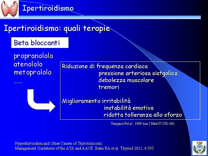 Ipertiroidismo: quali terapie Beta bloccanti propranololo atenololo metoprololo …… Riduzione di frequenza cardiaca pressione