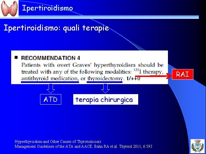 Ipertiroidismo: quali terapie RAI ATD terapia chirurgica Hyperthyroidism and Other Causes of Thyrotoxicosis: Management