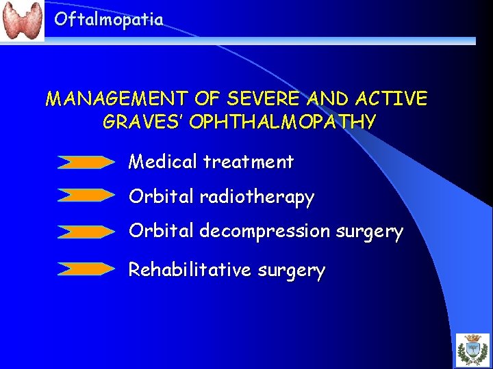 Oftalmopatia MANAGEMENT OF SEVERE AND ACTIVE GRAVES’ OPHTHALMOPATHY Medical treatment Orbital radiotherapy Orbital decompression