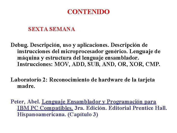 CONTENIDO SEXTA SEMANA Debug. Descripción, uso y aplicaciones. Descripción de instrucciones del microprocesador genérico.