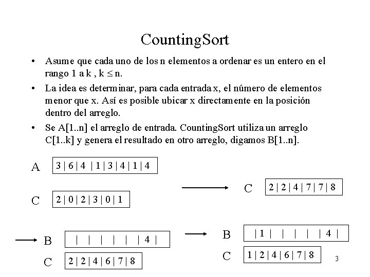 Counting. Sort • Asume que cada uno de los n elementos a ordenar es