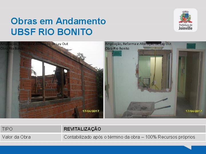 Obras em Andamento UBSF RIO BONITO TIPO REVITALIZAÇÃO Valor da Obra Contabilizado após o