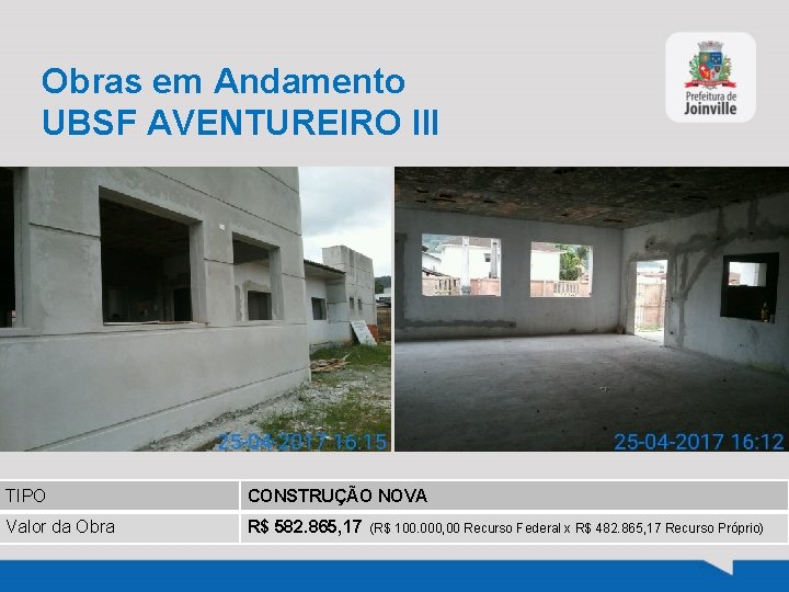 Obras em Andamento UBSF AVENTUREIRO III TIPO CONSTRUÇÃO NOVA Valor da Obra R$ 582.