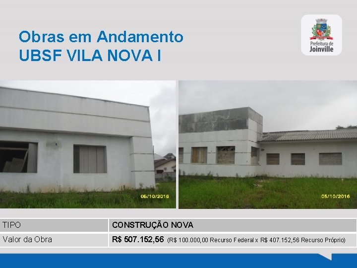 Obras em Andamento UBSF VILA NOVA I TIPO CONSTRUÇÃO NOVA Valor da Obra R$