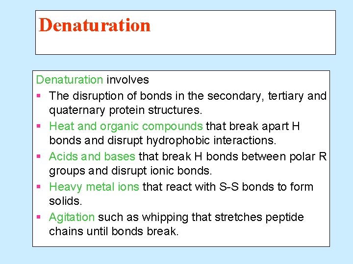 Denaturation involves § The disruption of bonds in the secondary, tertiary and quaternary protein