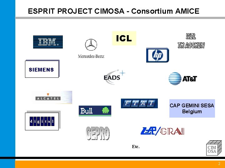 ESPRIT PROJECT CIMOSA - Consortium AMICE ICL SIEMENS CAP GEMINI SESA Belgium d i