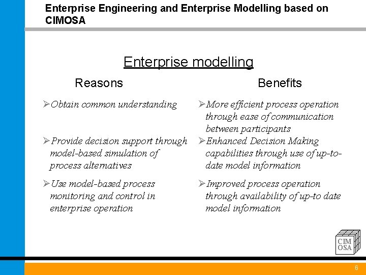 Enterprise Engineering and Enterprise Modelling based on CIMOSA Enterprise modelling Reasons Benefits ØObtain common