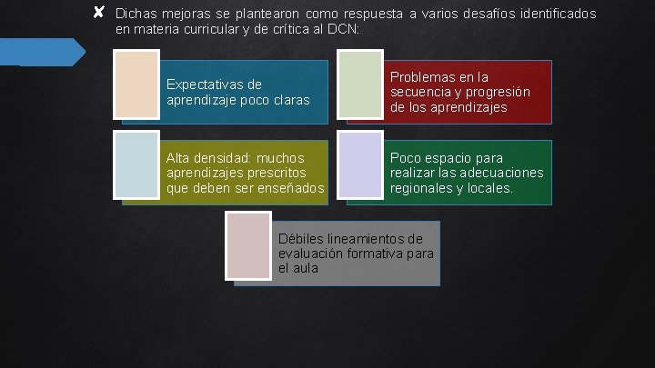 ✘ Dichas mejoras se plantearon como respuesta a varios desafíos identificados en materia curricular