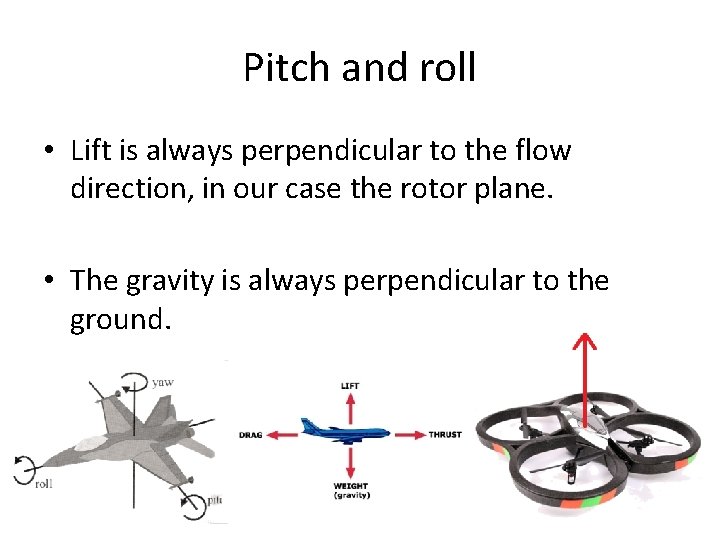 Pitch and roll • Lift is always perpendicular to the flow direction, in our