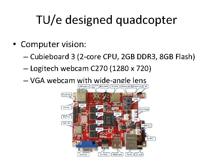 TU/e designed quadcopter • Computer vision: – Cubieboard 3 (2 -core CPU, 2 GB